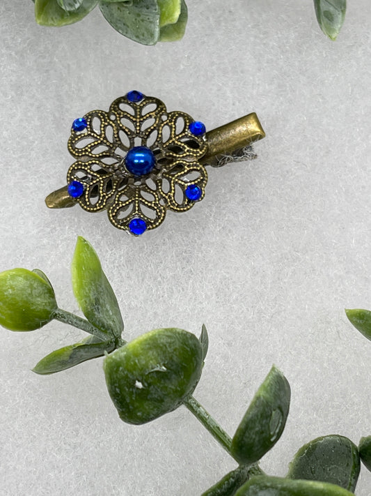 Royal blue crystal pearl vintage antique style flower hair alligator clip faux Pearl on a 2.0 Approximately Handmade hair accessory bridal wedding