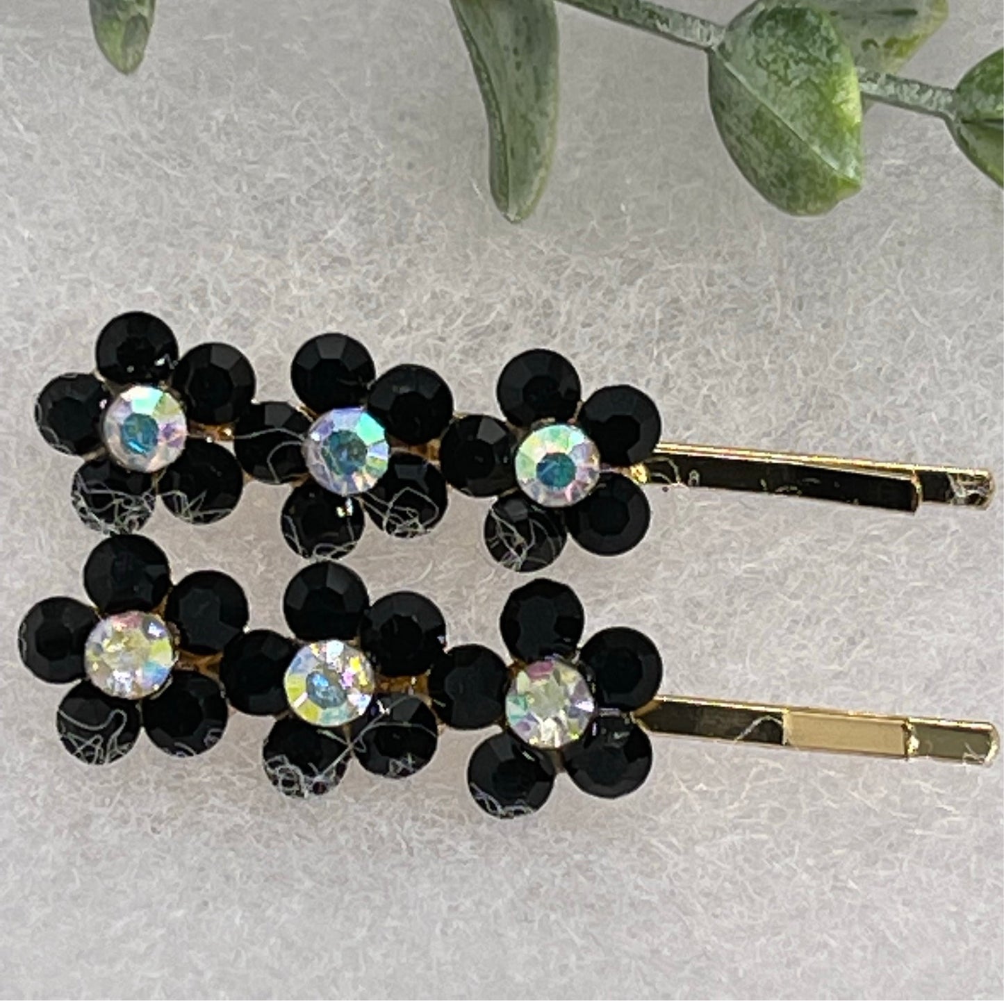 Black crystal rhinestone flowers approximately 2.0” gold tone hair pins 2 pc set wedding bridal shower engagement formal princess accessory accessories