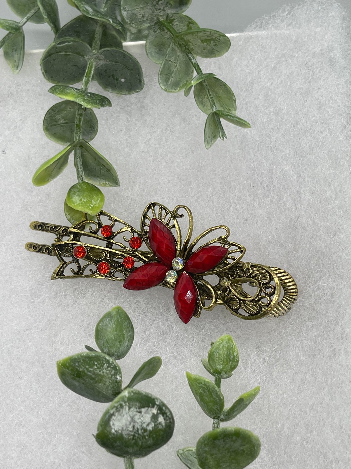 Red antique vintage crystal rhinestone butterfly alligator clip approximately 3.0” antique tone formal hair accessory