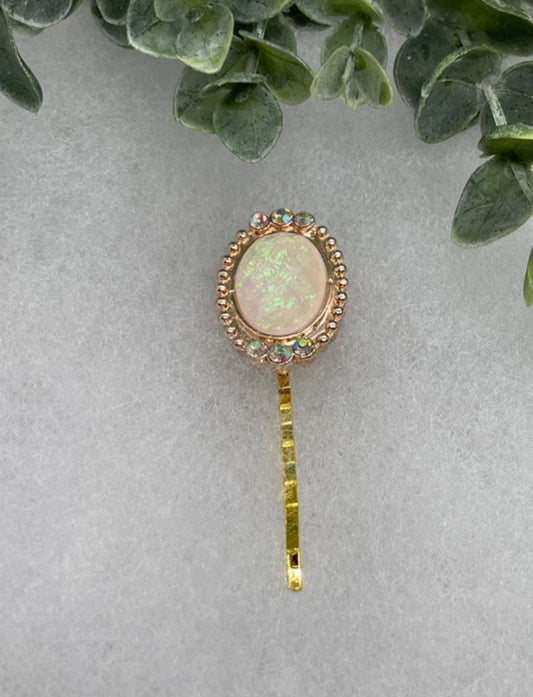 Gold faux Opal vintage antique style hair pin approximately 2.5” long Handmade hair accessory bridal wedding Retro