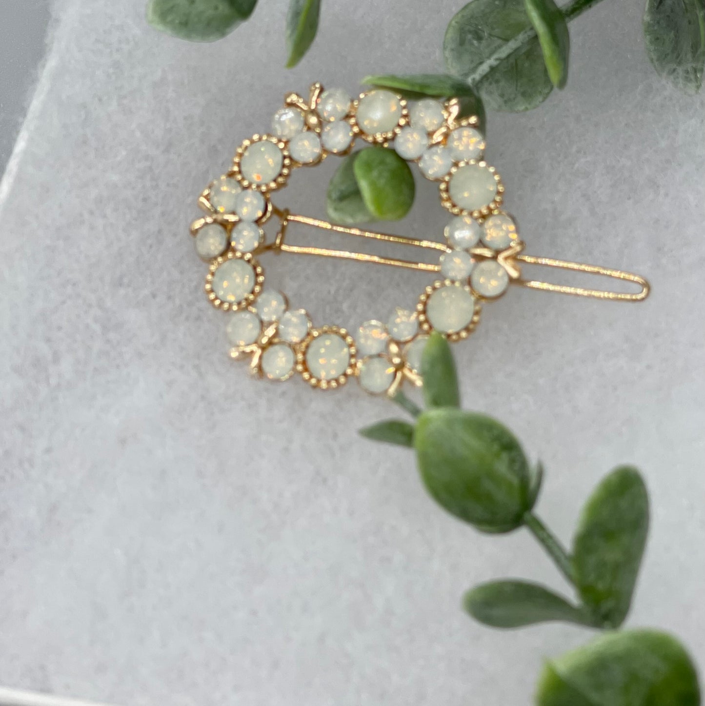 Cream crystal rhinestone flower approximately 2.5” barrette Gold vintage style bridal Wedding shower