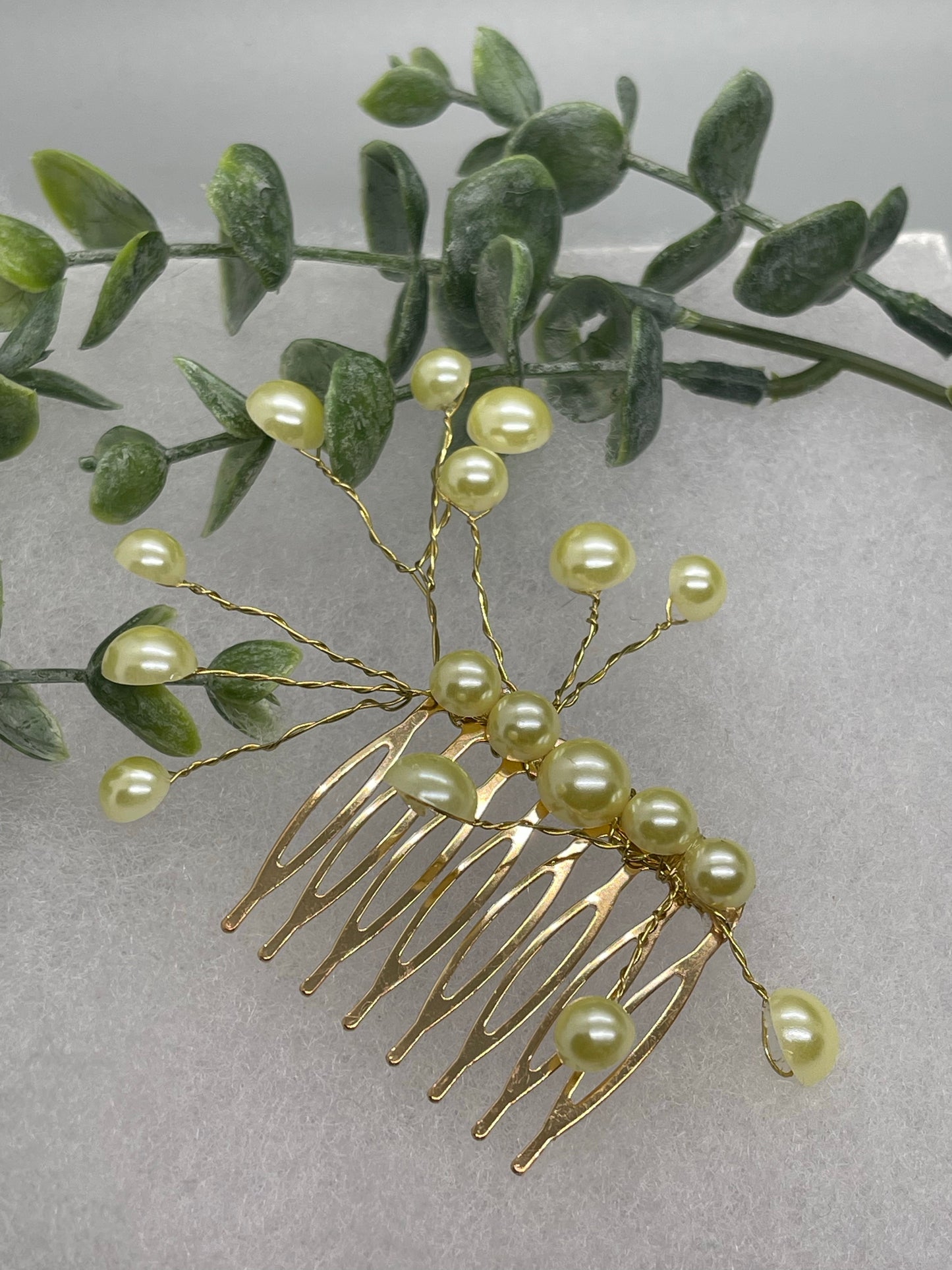 Yellow faux Pearl 2.0” gold tone bridal side Comb accents vine handmade by hairdazzzel wedding accessory bride