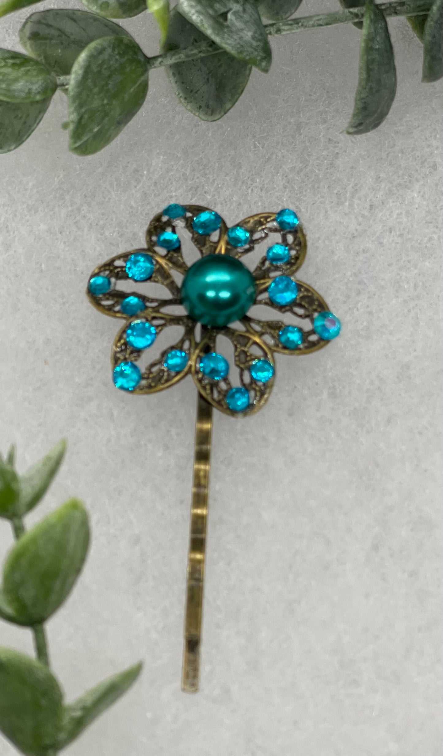 Teal Pearl Antique vintage Style 3.0” flower hair pin wedding engagement bride princess formal hair accessory accessories