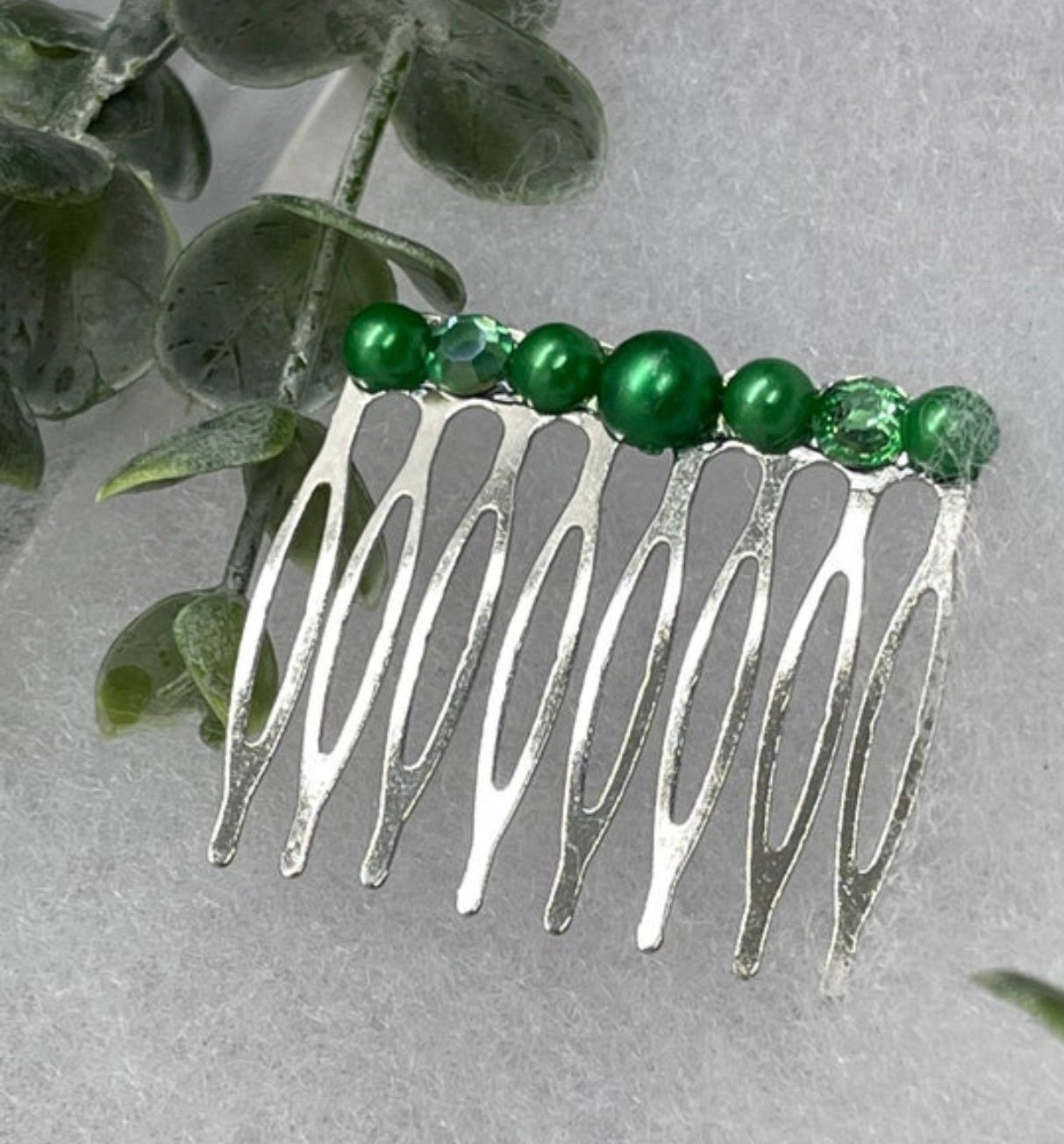Emerald Green  faux Pearl crystal side comb approximately 2.0”long metal hair accessory bridal wedding Retro