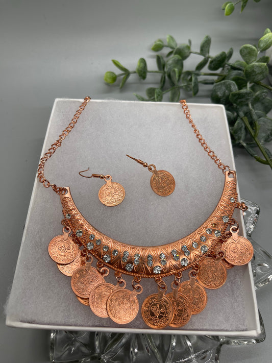 Rose gold coins necklace earrings set with rhinestone crystal adjustable chain gift sets accessory formal everyday accessories