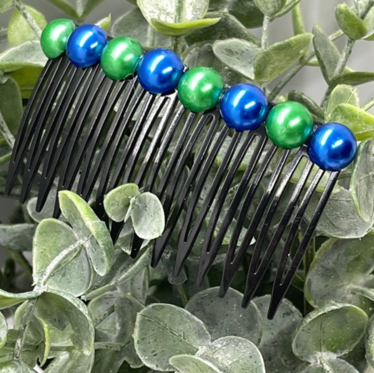 Royal blue Green faux pearl side comb approximately 3.5” long black plastic hair accessory bridal wedding Retro