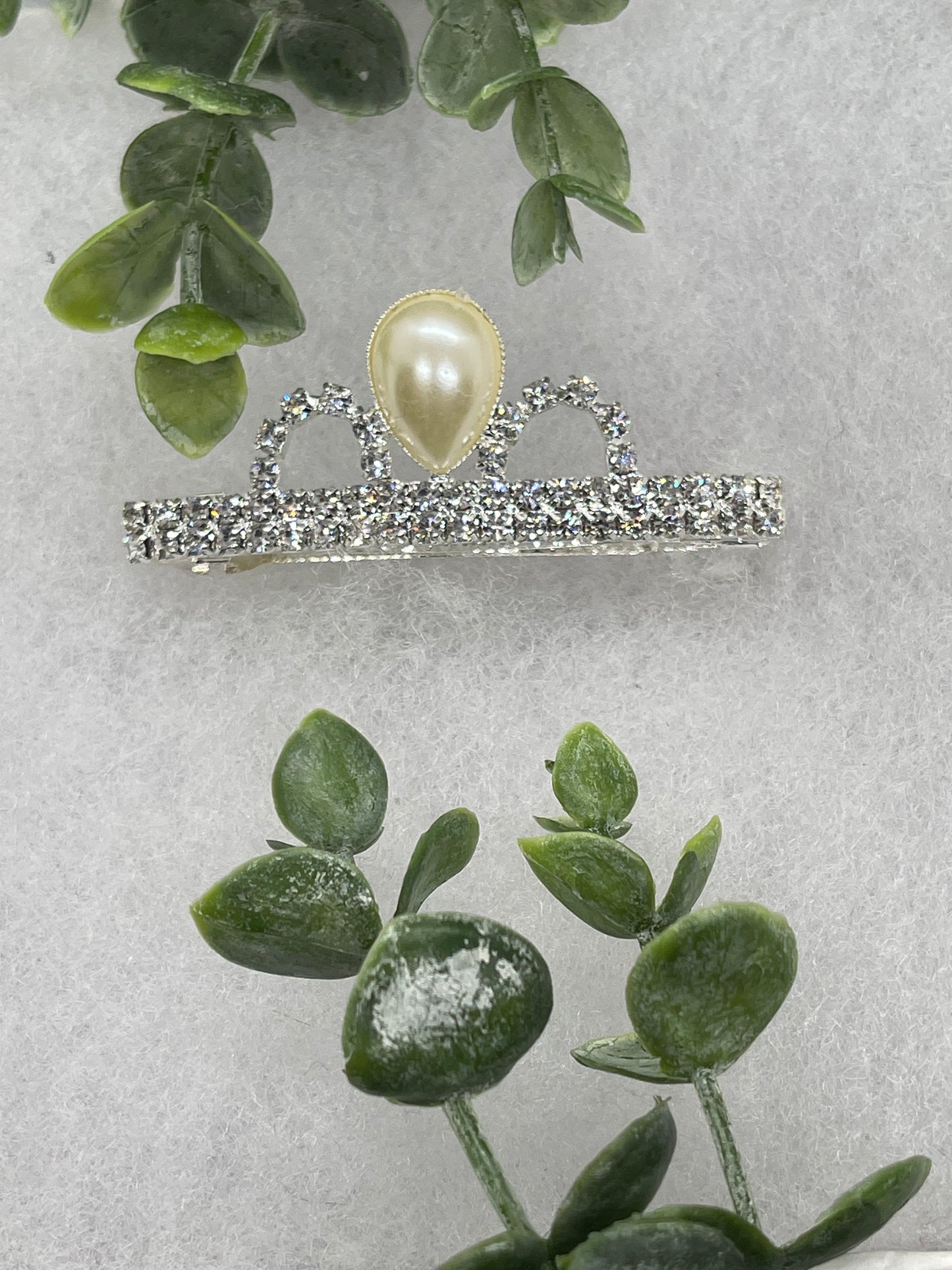 Teardrop Pearl Crown Crystal hair barrette approximately 3.0” silver  tone formal hair accessory wedding bridal