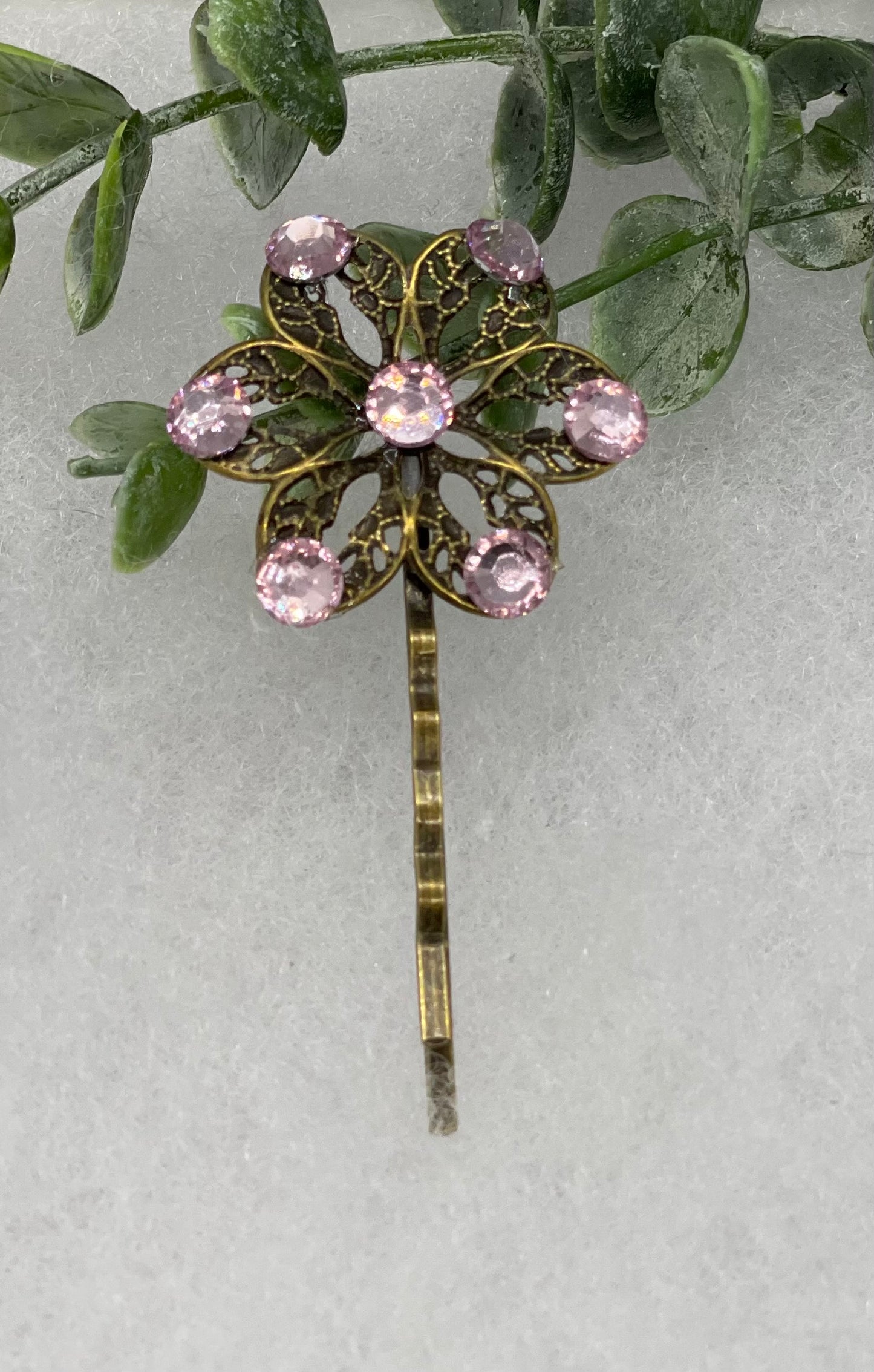 Pink crystal Antique vintage Style approximately 3.0” flower hair pin wedding engagement bride princess formal hair accessory