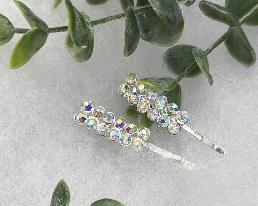 Iridescent Crystal Rhinestone Bobby pin hair pins set approximately 2.0”  silver tone formal hair accessory gift wedding bridal Hair accessory