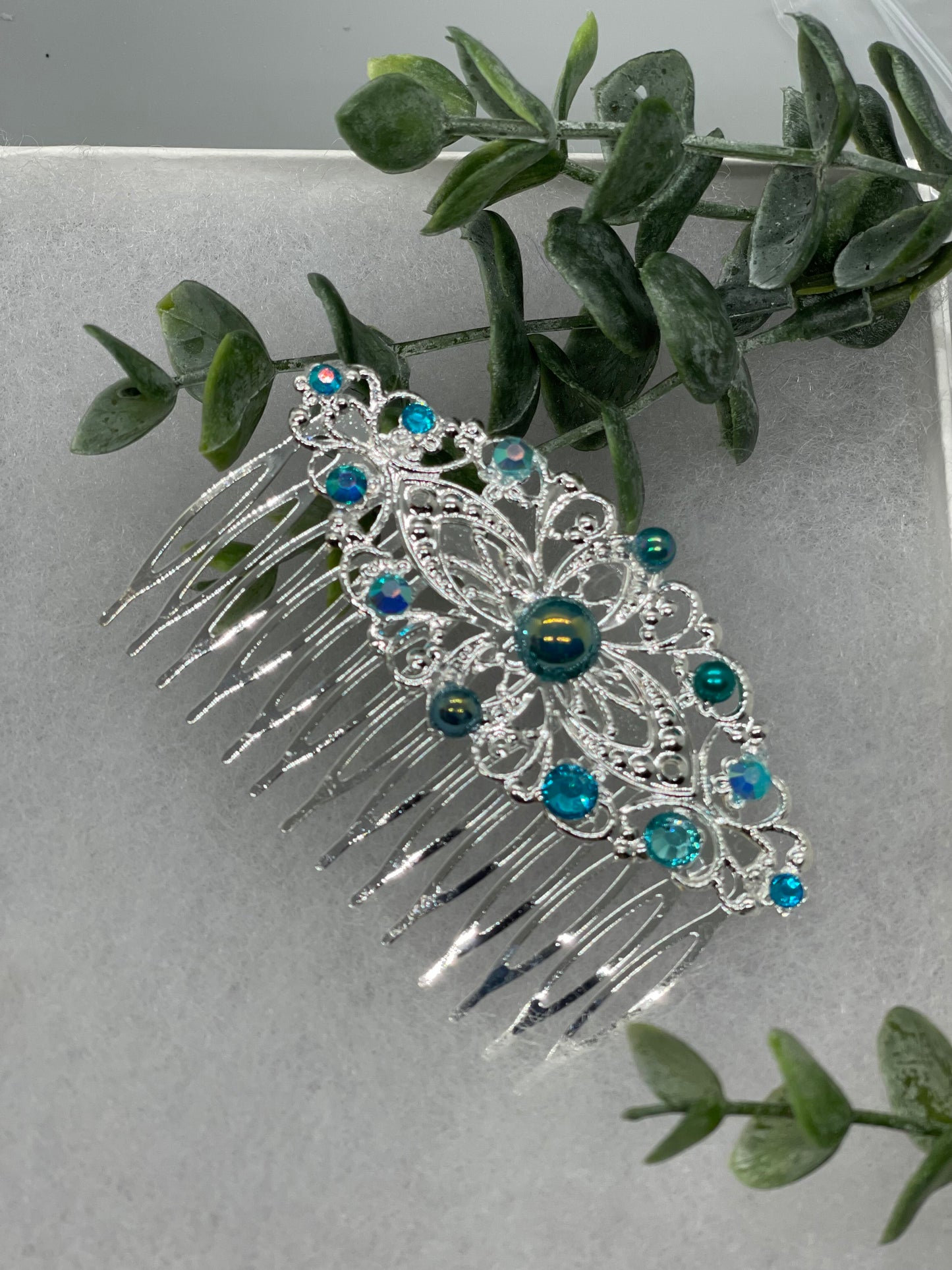 Teal iridescent crystal rhinestone pearl vintage style  side comb hair accessories gift birthday 3.5” Metal side Comb