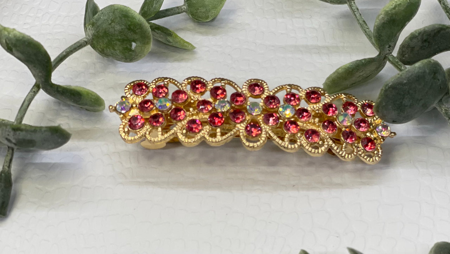 Pink Crystal rhinestone barrette approximately 3.0” gold tone formal hair accessories gift wedding bridesmaid