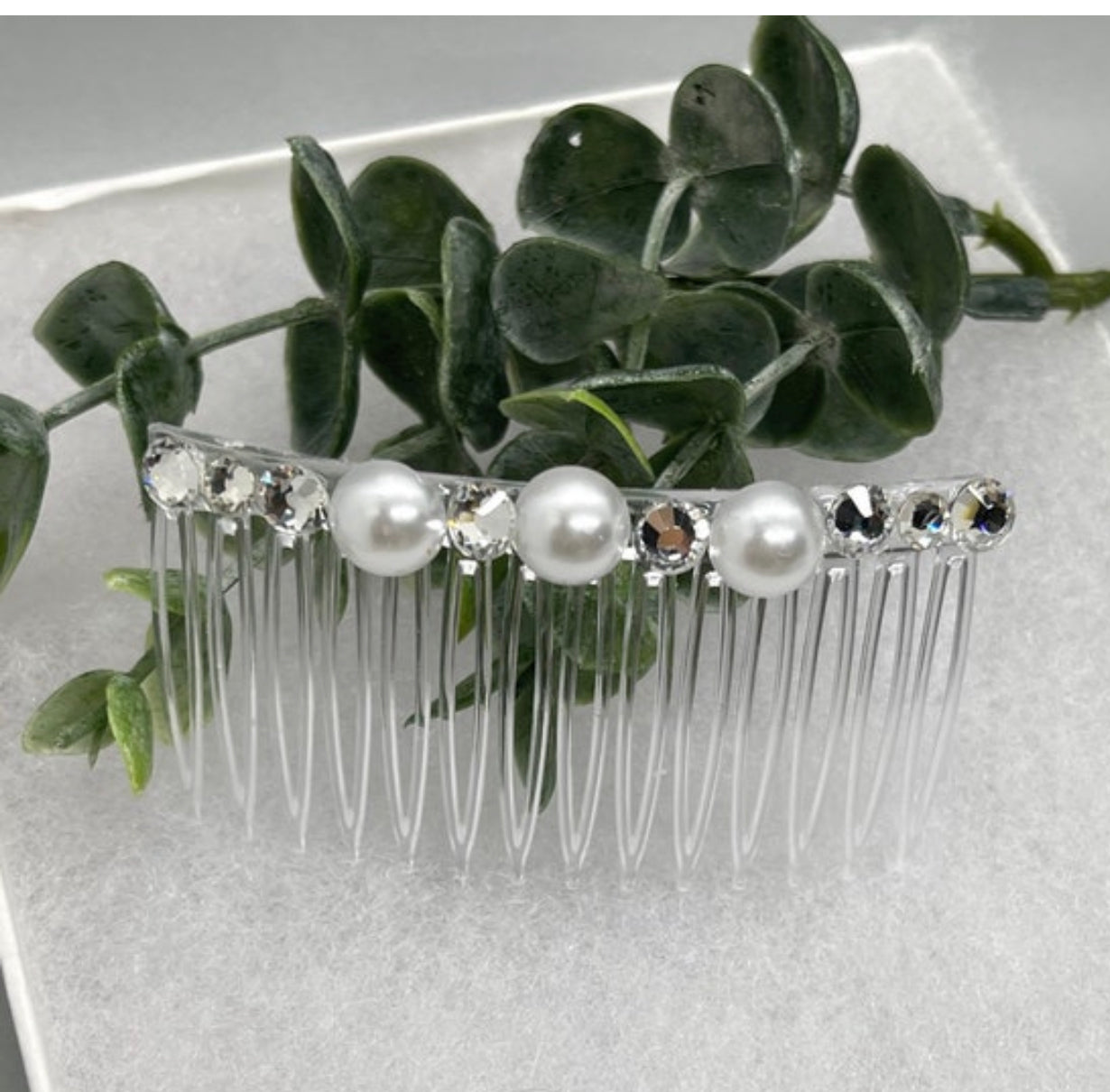White bridal crystal Rhinestone Pearl hair comb accessory side Comb 3.5” clear plastic side Comb #007