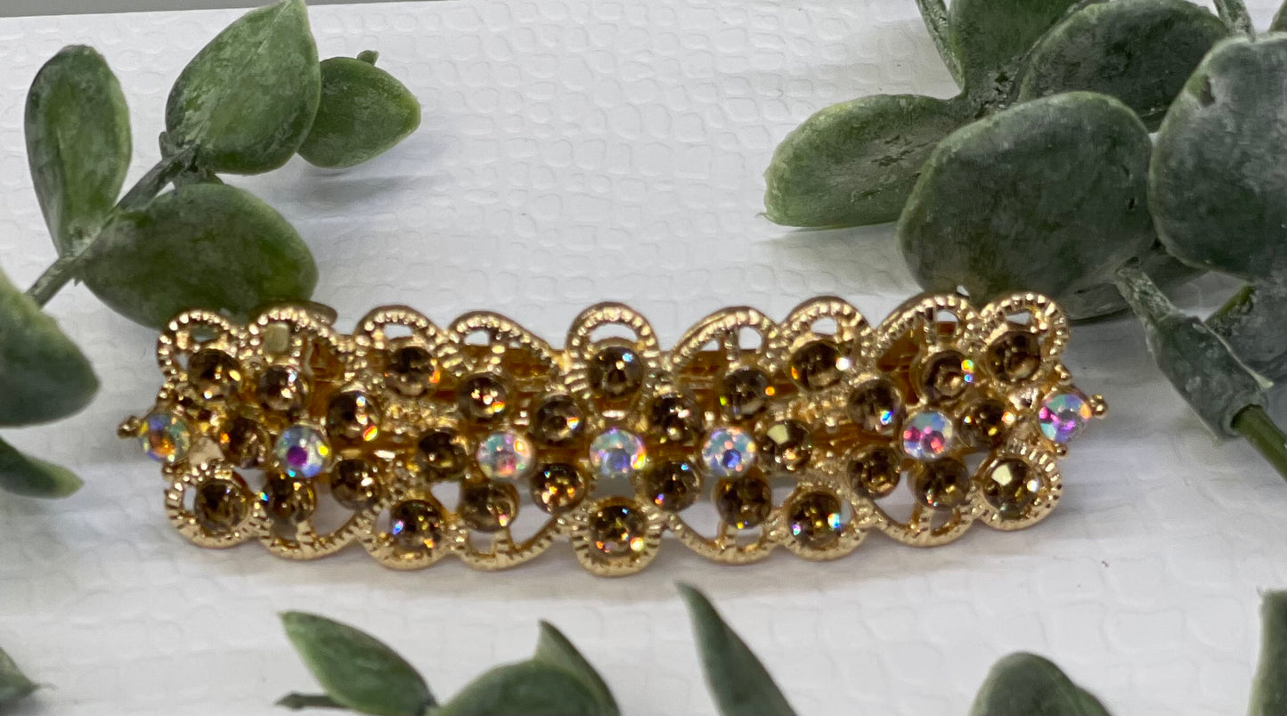 Golden Crystal rhinestone barrette approximately 3.0” gold tone formal hair accessories gift wedding bridesmaid