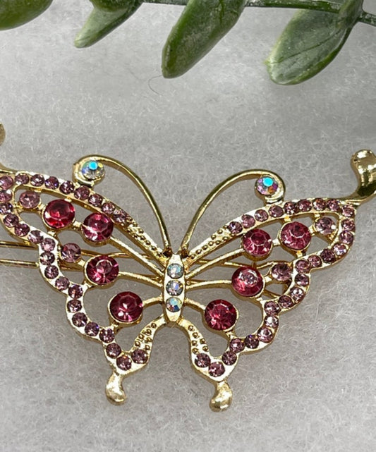 Pink gold butterfly Crystal Rhinestone Barrette approximately 3.5”Metal gold tone formal hair accessory