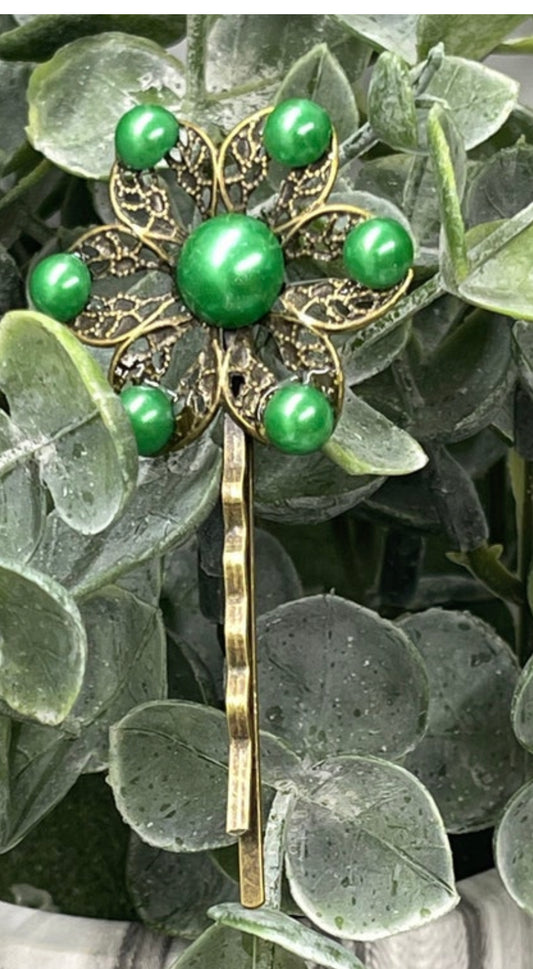 Emerald Green pearl vintage antique style hair pin approximately 2.5” long Handmade hair accessory bridal wedding Retro