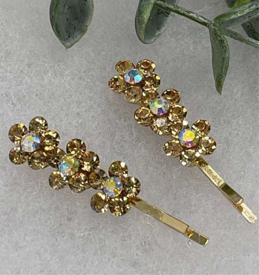 Gold crystal rhinestone flowers approximately 2.0” gold tone hair pins 2 pc set wedding bridal shower engagement formal princess accessory accessories