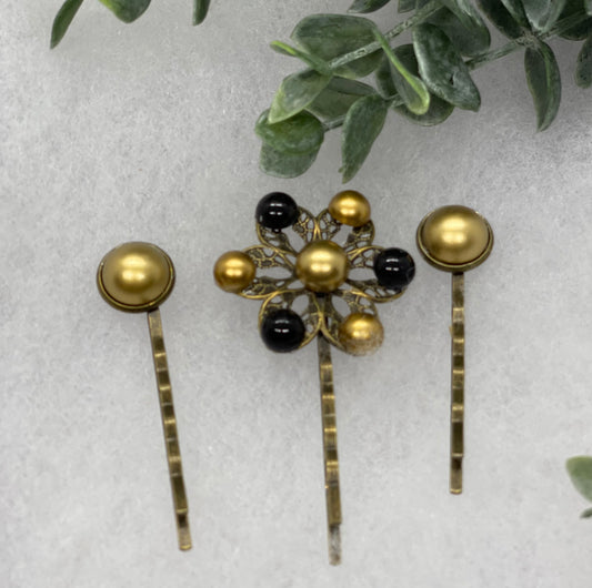 Gold black faux pearl 3 pc set Antique vintage Style approximately 3.0” flower hair pin wedding engagement bride princess formal hair accessories