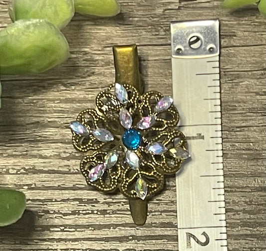 Sapphire teal iridescent Crystal vintage antique style flower hair alligator clip approximately 2.0”long  Handmade hair accessory bridal wedding Retro Bridal Party Prom Birthday gifts