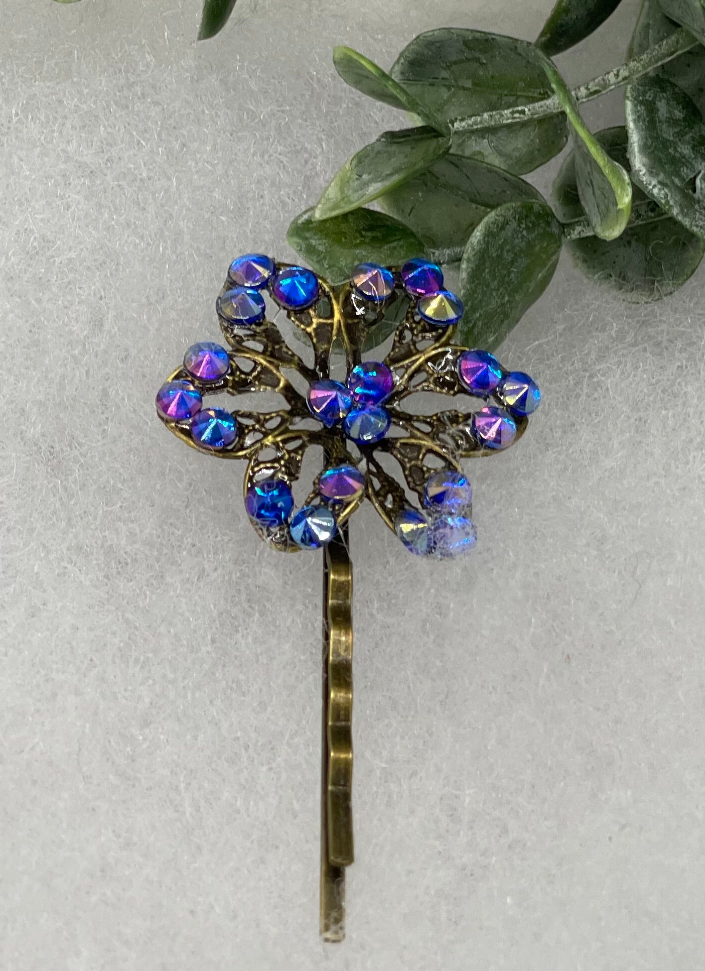 Blue Rainbow crystal Antique vintage Style approximately 3.0” flower hair pin wedding engagement bride princess formal hair accessories