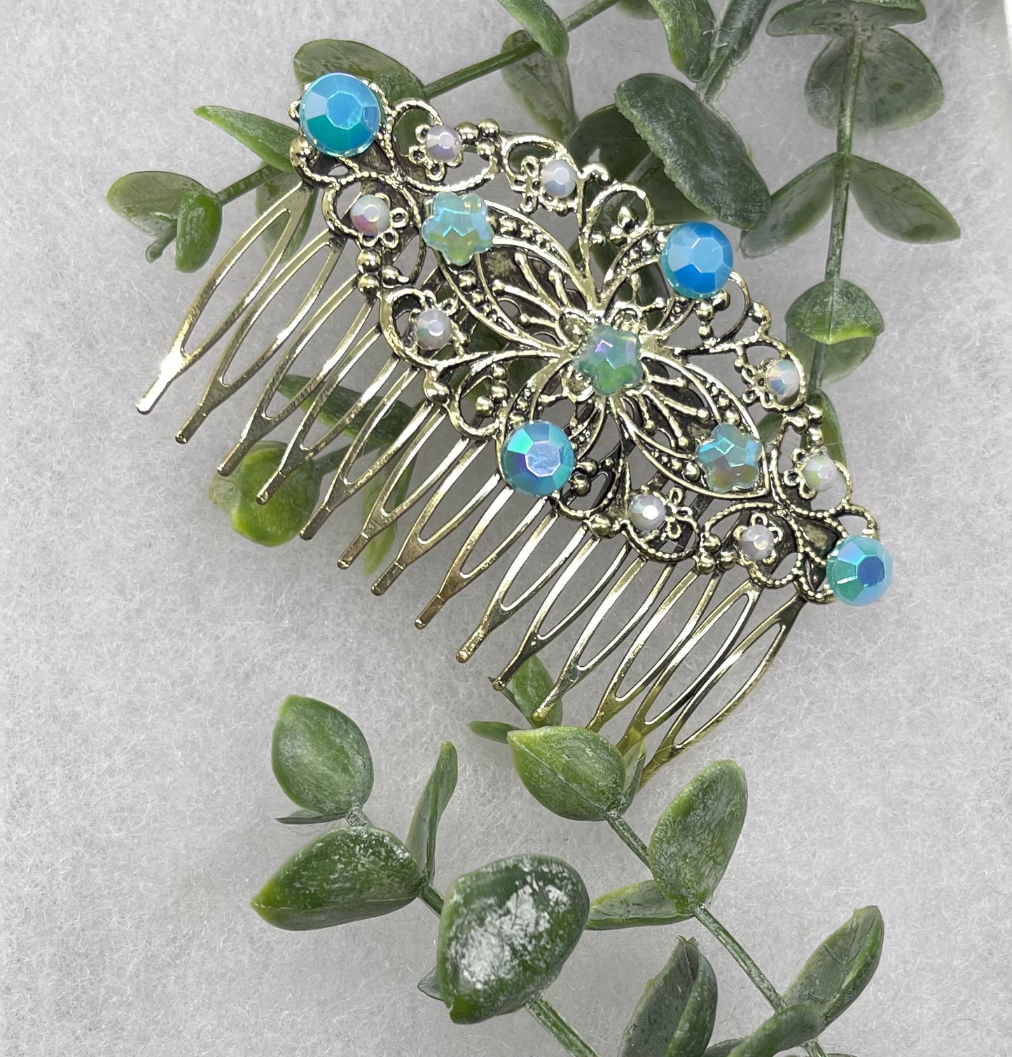 Blue Vintage Style Crystal Rhinestone 3.5” antique tone Metal side Comb bridal accessories