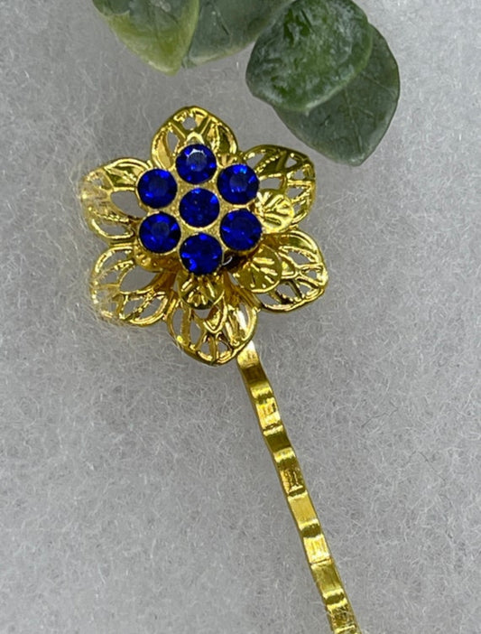 Royal Blue Crystal flower vintage antique style hair pin approximately 2.5” long Handmade hair accessory bridal wedding Retro