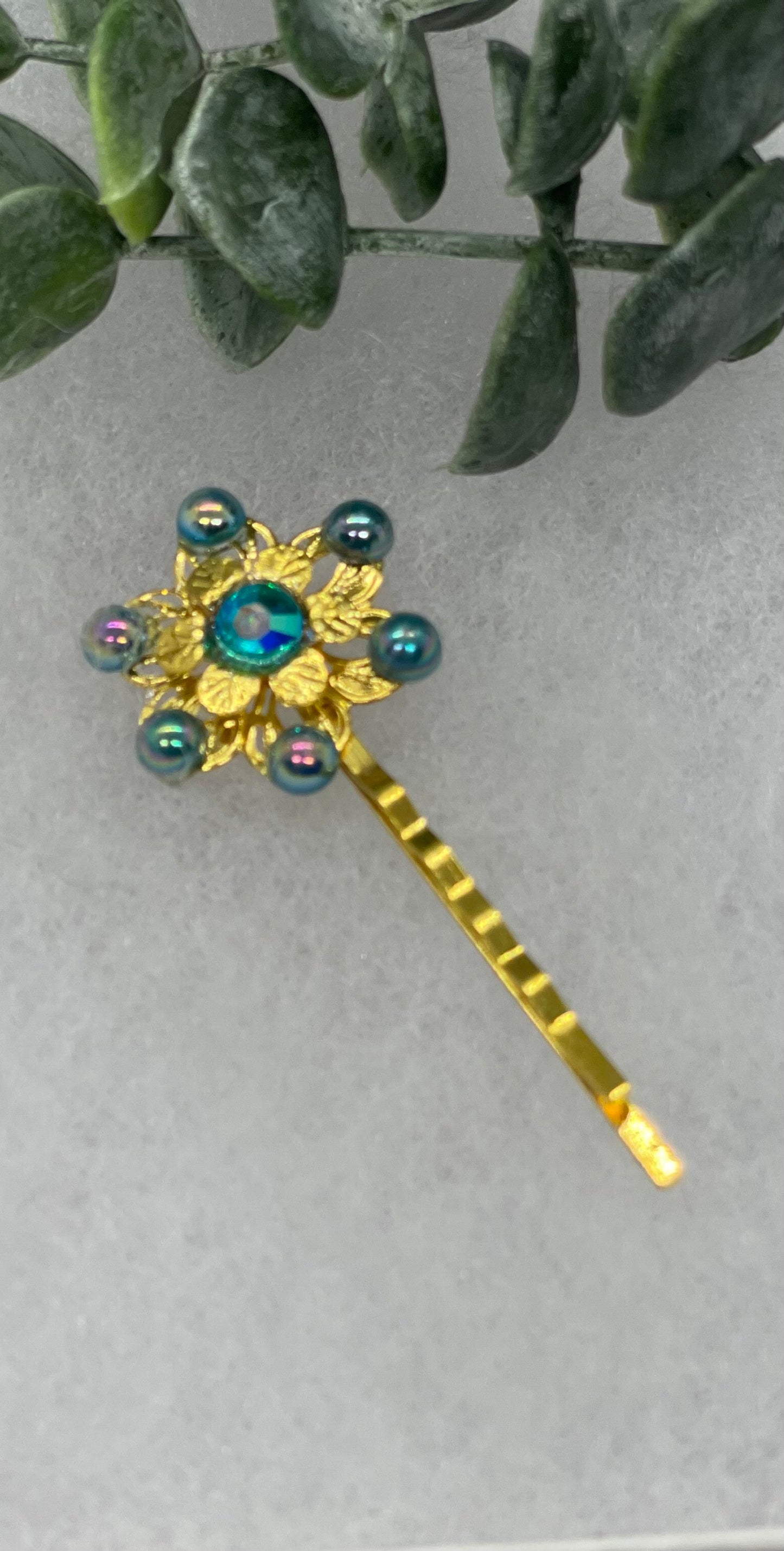 iridescent Teal crystal Gold Antique vintage Style approximately 3.0” flower hair pin wedding engagement